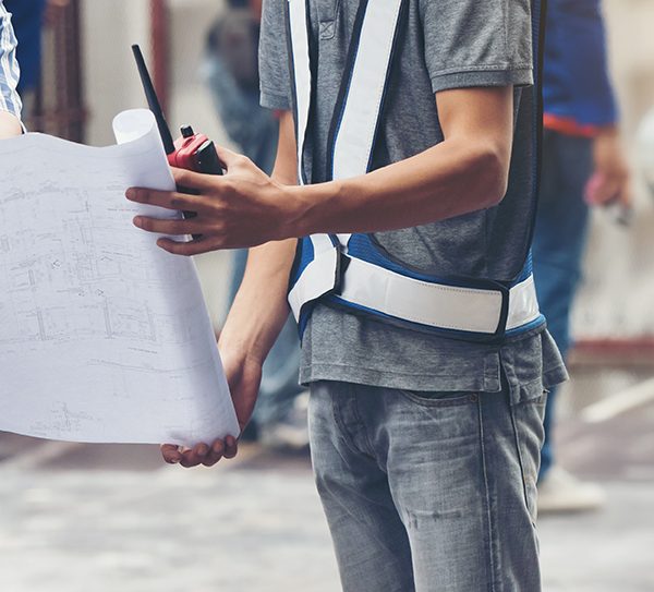 The worker builder foreman engineering occupation working with construction site project background. person looking plan paper to made floor business tower building. industry achitecture building concept.